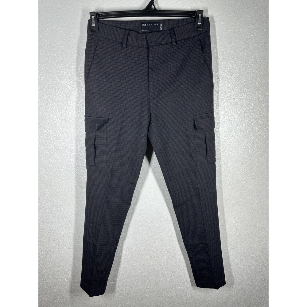 ASOS DESIGN Cargo Pants Mens‎ 30x30 Gray Check Skinny Stretch Pockets Casual